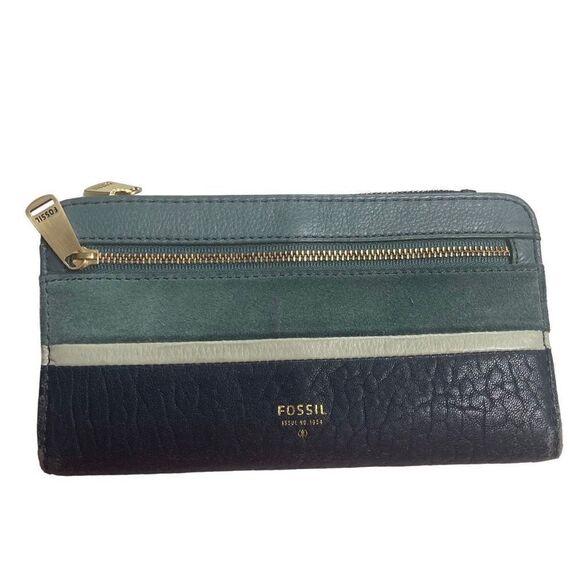 FOSSIL Women’s Preston Clutch Wristlet Wallet 7.5X4 Green & Blue - Picture 1 of 9
